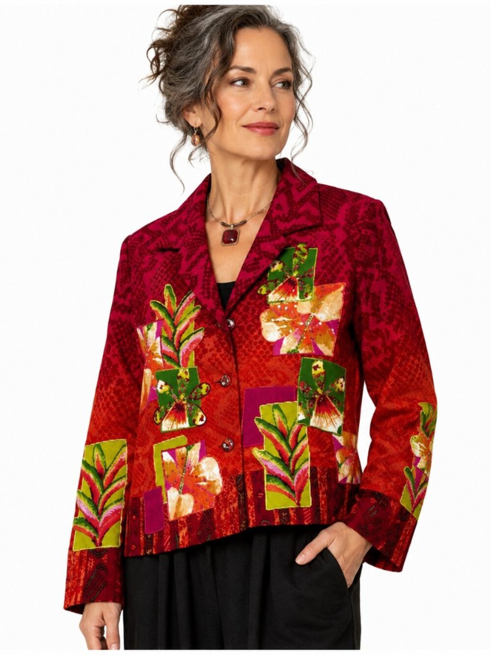 Vintage Nancy Bolen Jacket Womens L Floral Applique‎ Art Wear Boho 80s
